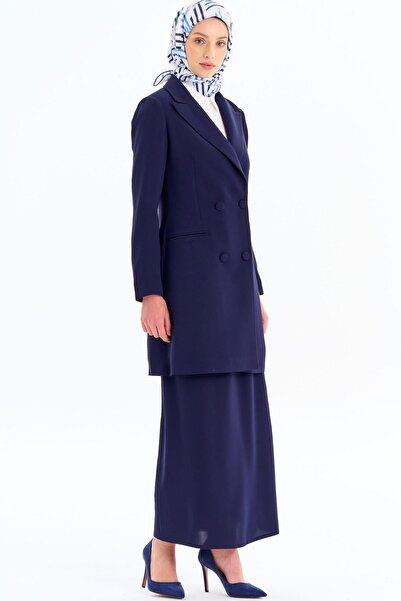 Tuğba Kruvaze Düğmeli Uzun Basic Ceket - Lacivert