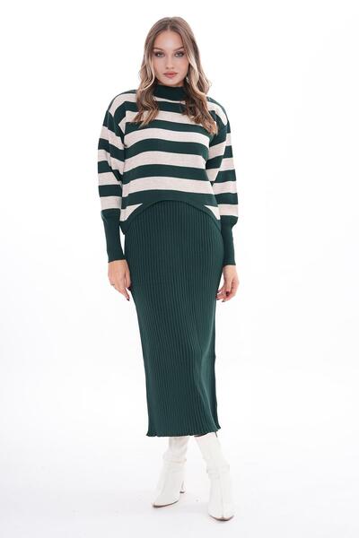 ŞİMAL Women's Striped Patterned Knitwear Knitted Two-Piece Set 255049 -