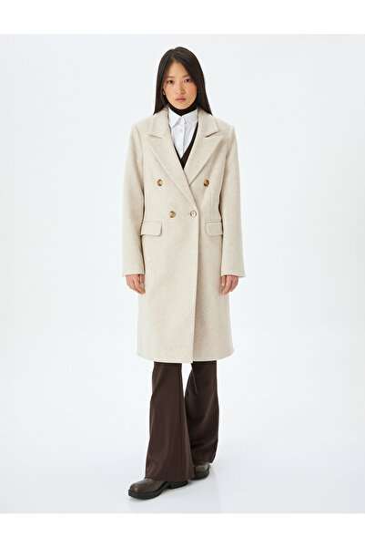 Koton Dvouřadý dlouhý kabát na známku s kapsami a knoflíky