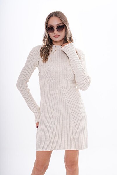 ŞİMAL Kadın Bisiklet Yaka Fitilli Triko Örme Elbise 255188 -