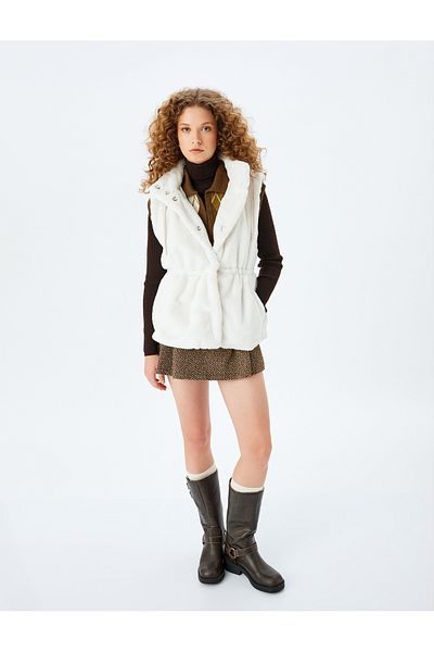Koton Hooded Snap Button Faux Fur Vest