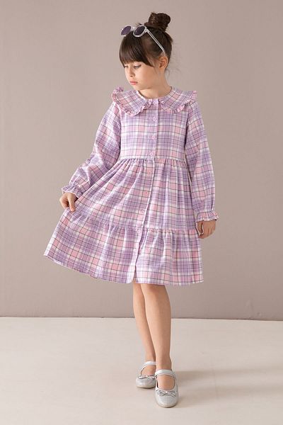 Cansın Mini Rochie pentru fetiță, cu mânecă lungă, cu nasturi, cu model în carouri liliac 19808