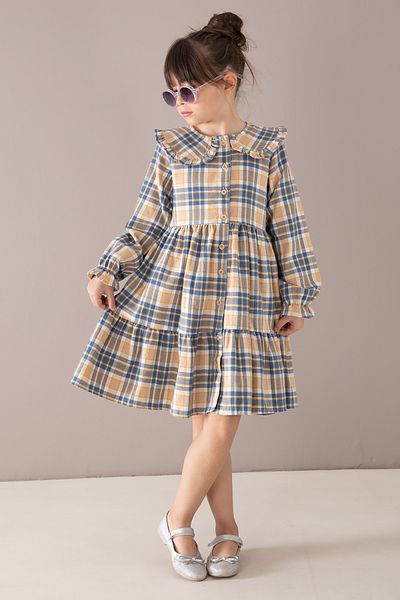 Cansın Mini Rochie pentru fetiță, cu mânecă lungă, cu nasturi, cu model în carouri bleumarin, 19807