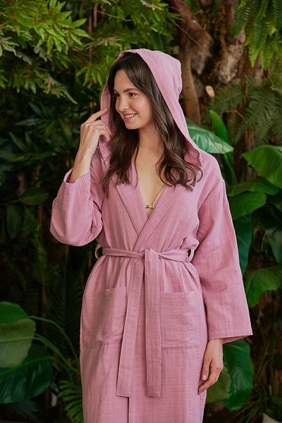 Vi’cotton 100% bumbac muselină halat de baie roz cu glugă L - Xl