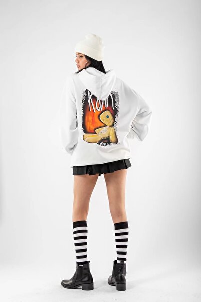 Sekizbiraltı Κορν εμπριμέ Oversize Unisex Λευκό Hoodie