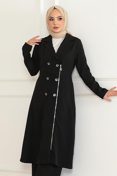 Modamihram Black Zippered Set - Button Detailed 19219