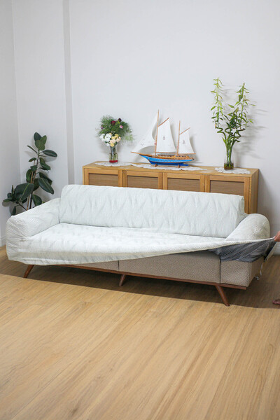 Faiend Patterned Jacquard and Wavy Grey Sofa Cover - 3/3/1 Elastic Seat Cover