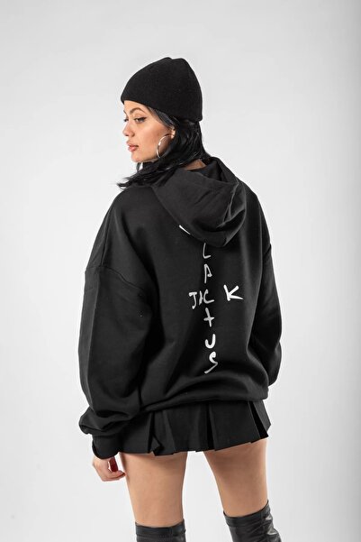 Sekizbiraltı Cactus Jack Back Printed Oversize Unisex Black Hoodie