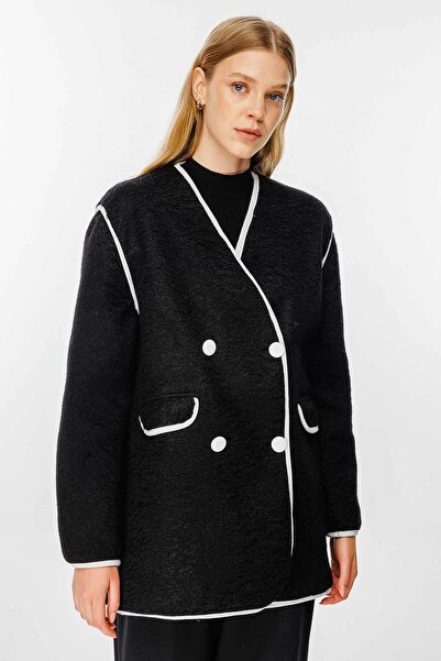 Hooopstore Stamp Black Blazer Jacket with Contrast Piping Detail