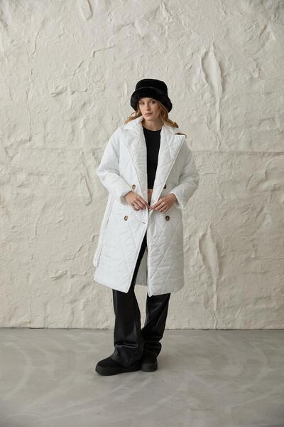 LEVURE Ceket Yaka Beli Kuşaklı Kapitone Uzun Kadın Mont EKRU