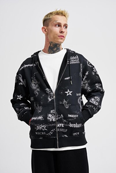 Machinist Чоловіча худі з принтом і застібкою-блискавкою чорного кольору