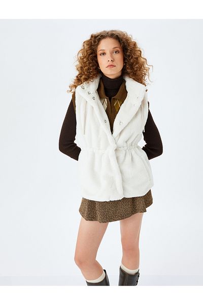 Koton Hooded Snap Button Faux Fur Vest