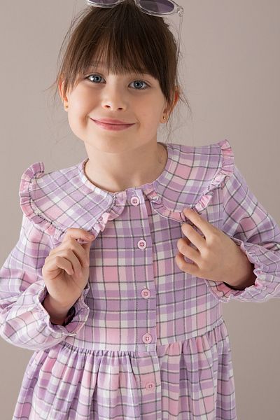 Cansın Mini Rochie pentru fetiță, cu mânecă lungă, cu nasturi, cu model în carouri liliac 19808