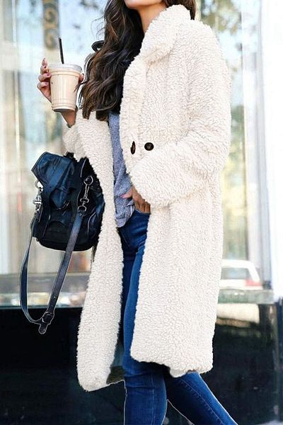 Cacha Fashion Μακρύ λευκό βελούδινο παλτό με επένδυση