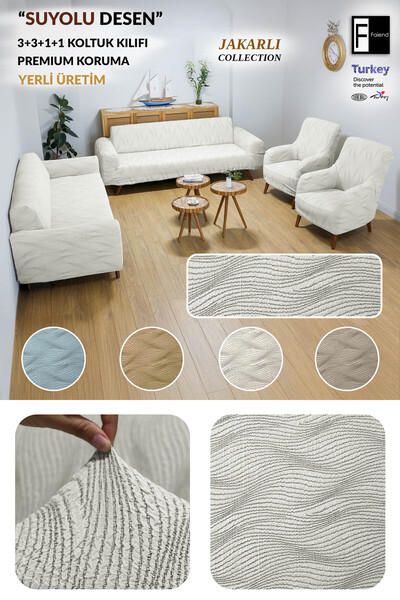 Faiend Patterned Jacquard and Wavy Grey Sofa Cover - 3/3/1 Elastic Seat Cover