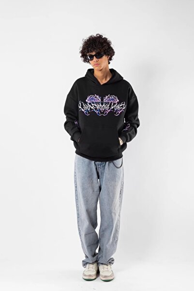 Sekizbiraltı Eternal Text Printed Oversize Unisex Black Hoodie