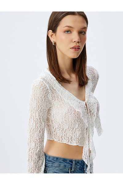 Koton Lace V Neck Ruffled Spanish Sleeve Crop Blouse
