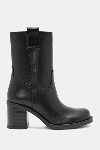 Bestyle Zenda Kadın Siyah Gerçek Deri Kalın Topuklu Bot