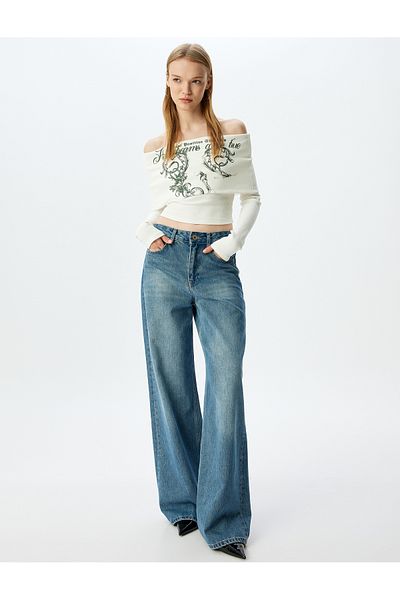 Koton Long Sleeve Off-The-Shoulder Madonna Neck Slogan Printed Ribbed Slim Fit T-Shirt