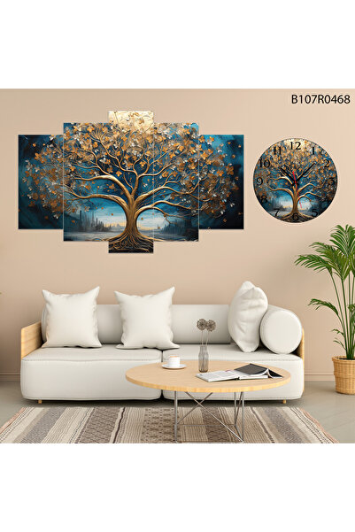 A2ZTR Parçalı Ahşap Duvar Tablo 5 Parça Set Ve saatli