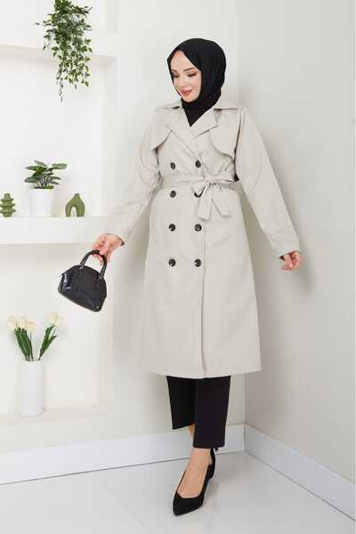 modapark.ist Kadın Belden Kemerli Cepli Trençkot