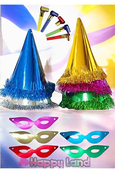 Happyland Yılbaşı Şapkası 2 adet Renkli Katyon Şapka  Maske Ve Düdük Seti Kat...