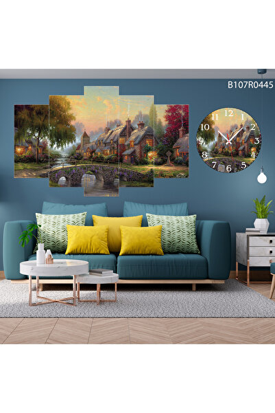 A2ZTR Parçalı Ahşap Duvar Tablo 5 Parça Set Ve saatli