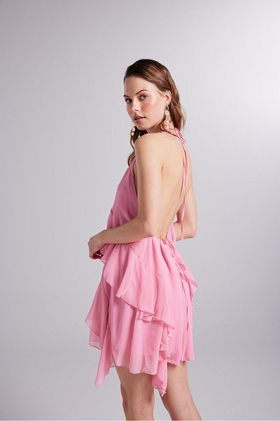 HOLLY LOLLY Ruffle Detailed Waist Chiffon Capri Dress Pink