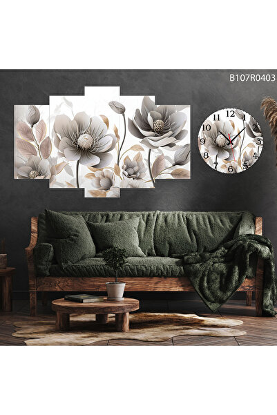 A2ZTR Parçalı Ahşap Duvar Tablo 5 Parça Set Ve saatli