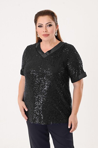 LİLAS XXL Büyük Beden Siyah Renkli Pul Payetli Bluz