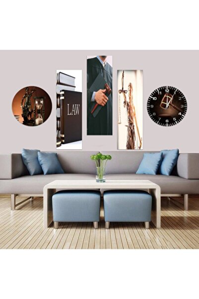 Değerli Adalet Hukuk Temalı 5 Parçalı Dekoratif Duvar Tablo Saat Set