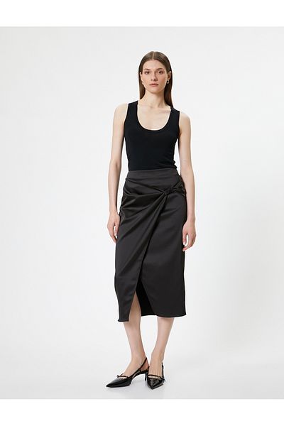 Koton Fustă midi dublu din satin - cu crapatura in fata, slim fit, cu fermoar