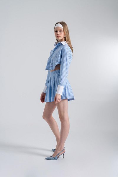 HOLLY LOLLY Crop Cut Striped Harmony Poplin Crop Shirt Blue
