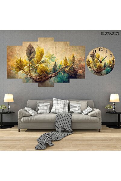 Değerli Parçalı Ahşap Duvar Tablo 5 Parça Set Ve Saatli