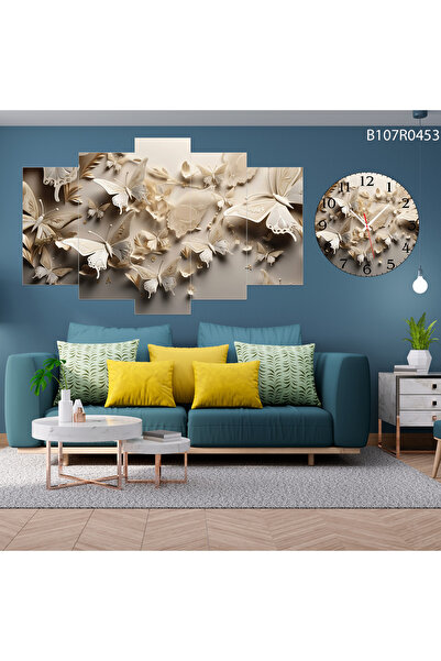 A2ZTR Parçalı Ahşap Duvar Tablo 5 Parça Set Ve saatli
