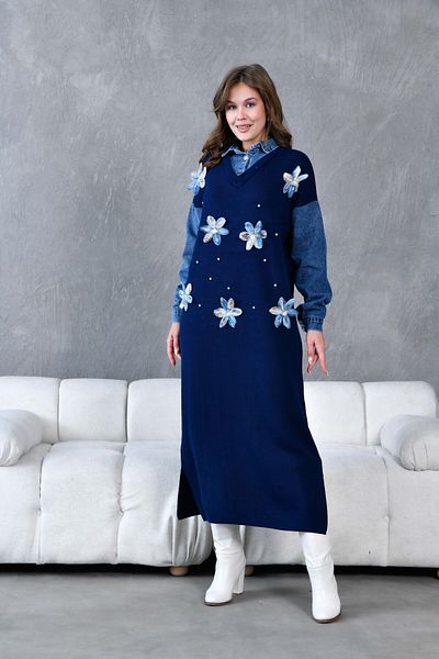 Miss Allos Rochie de damă, cu mâneci din denim, detaliată în față, din tul, cu flori și piatră, brodata cu mucegai lat, tricotaje lungi
