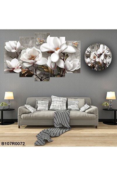 A2ZTR Parçalı Ahşap Duvar Tablo 5 Parça Set Ve Saatli