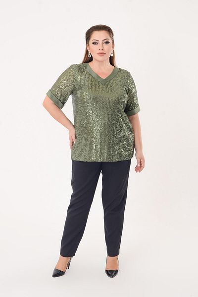 LİLAS XXL Bluză cu paiete cu paiete de culoare verde ulei de mărime mare