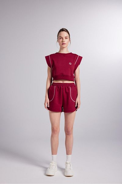 HOLLY LOLLY Contrast Stitched Mini Rhode Shorts with Elastic Waist Claret Red