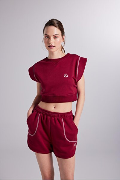 HOLLY LOLLY Contrast Stitched Mini Rhode Shorts with Elastic Waist Claret Red