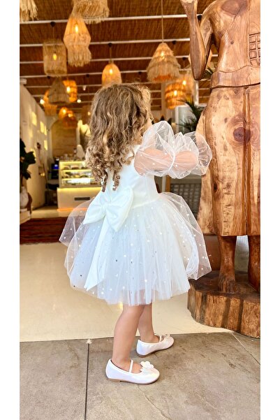 inMini Kız Çocuk Party Doğum Günü Özel Gün Beyaz Fiyonklu Yıldızlı Tütülü Uzu...