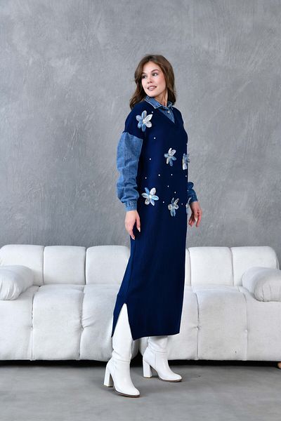 Miss Allos Rochie de damă, cu mâneci din denim, detaliată în față, din tul, cu flori și piatră, brodata cu mucegai lat, tricotaje lungi