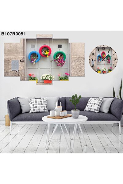 A2ZTR Parçalı Ahşap Duvar Tablo 5 Parça Set Ve Saatli