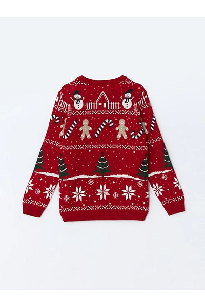 LC Waikiki LCW Kids Roter Strickpullover für Jungen mit Rundhalsausschnitt und Neujahrsmotiv