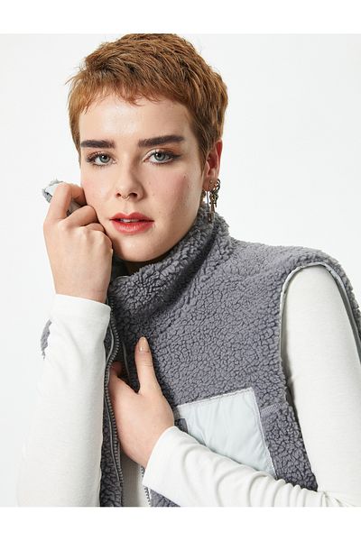 Koton Plush Vest Lined Zippered Pocket Detailed Stand Collar Color Contrast