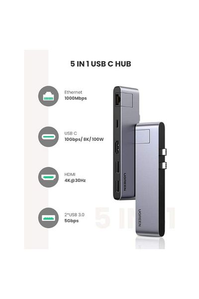 Ugreen 5 in 2 Hub Dual USB-C toHDMI+ 2USB 3.0 A+USB-C Female+Gigabit Ethernet Converter GRY