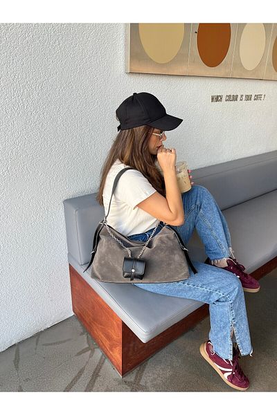 minebag Geantă de umăr pentru femei Charm Combination Piele de căprioară - Antracit sicilian
