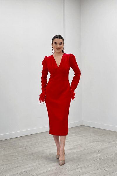 giyimmasalı Double Fabric V Neck Sleeves Feather Detail Pencil Evening Dress - Red