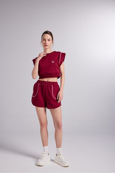 HOLLY LOLLY Contrast Stitched Mini Rhode Shorts with Elastic Waist Claret Red