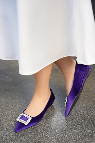 LAMİNTA Carty Purple Velvet Fabric Pointed Toe Stone Buckle Detailed Women's Ballerinas